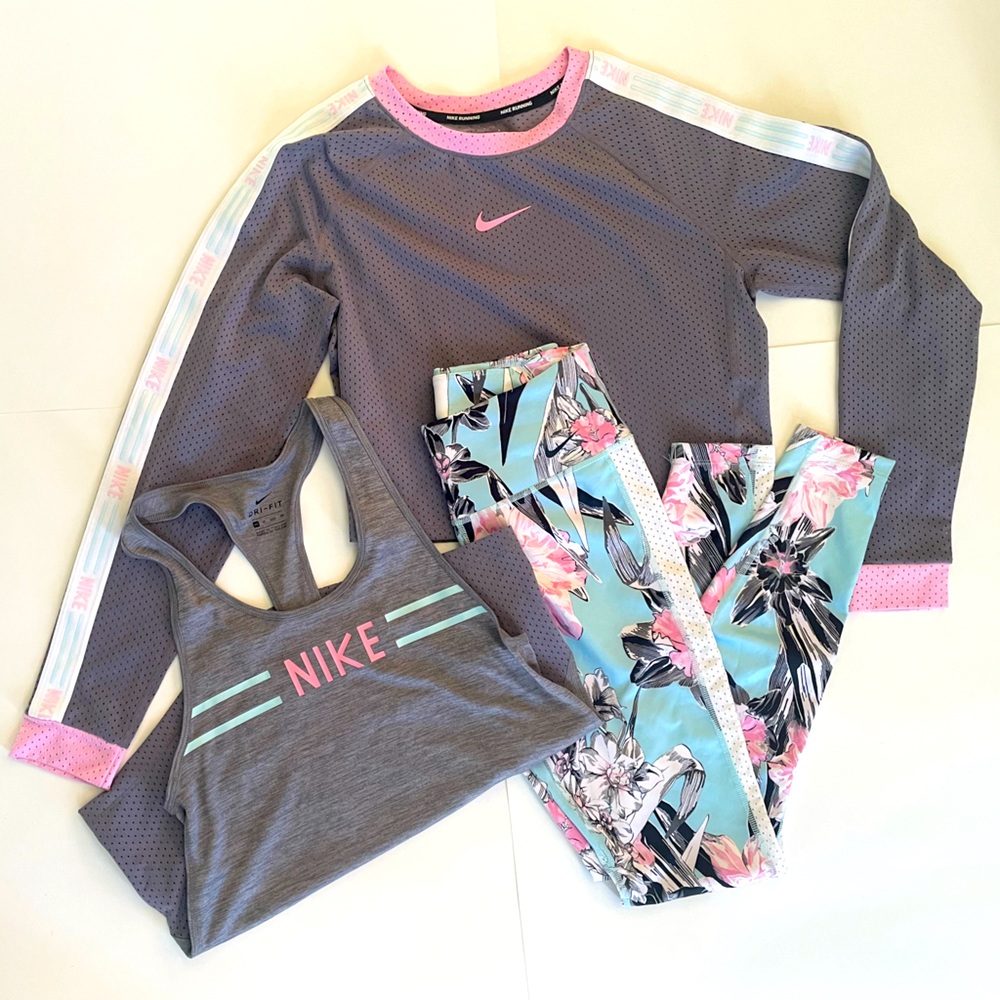 NIKE Dri-Fit Grey & Pink Tropical Print Legging Outfit Size Small